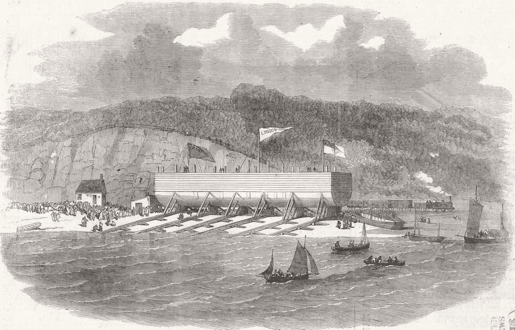 MILFORD HAVEN. Pontoon Launch, Gt East, Neyland  1854 old antique print